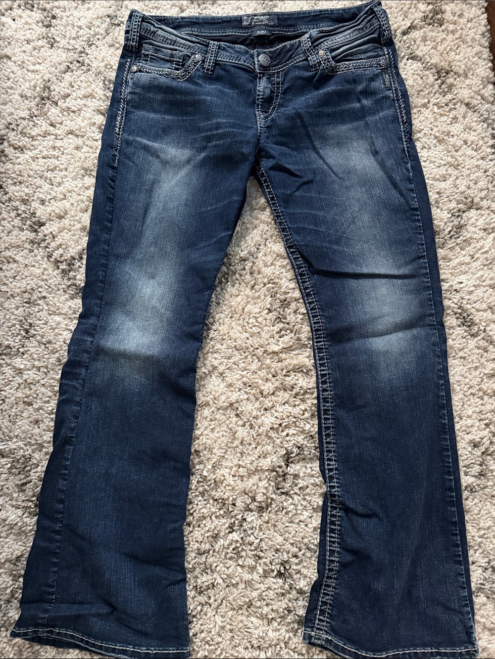 Silver Jeans Dark Blue Flare Jeans with Faded Whiskering